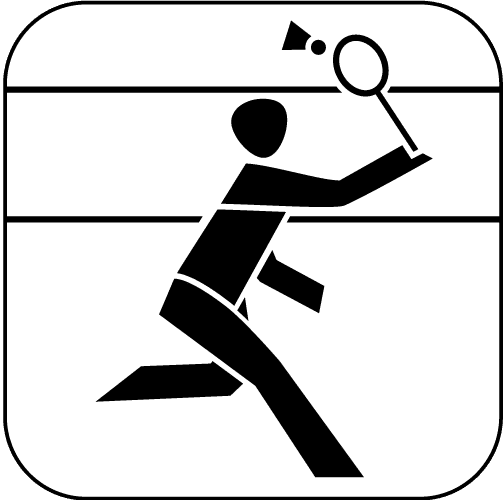 Schwarzes Piktogramm einer Person, die Badminton spielt auf weißem Hintergrund