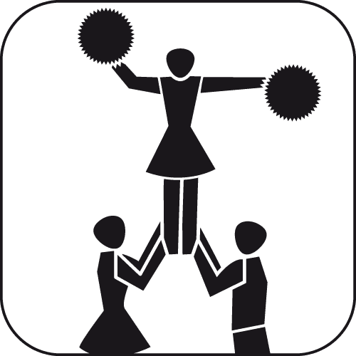 Drei schwarz-weiße Figuren im Cheerleading-Stil: zwei halten eine vertikal aufgestellte Person mit Pompons.