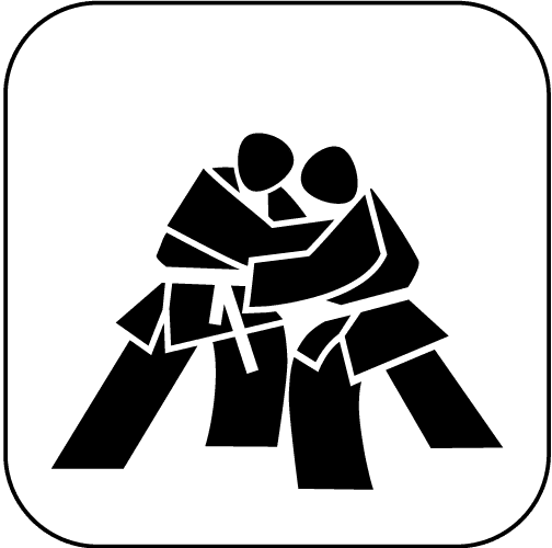 Zwei stilisierte Kämpfer in Judoanzügen stehen sich gegenüber und versuchen, sich zu greifen.