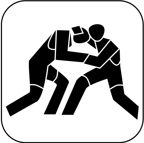 Minimalistische schwarze Silhouetten zweier Ringer in Kampfhaltung, ineinander verkeilt auf weißem Hintergrund.