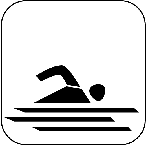 Minimalistische schwarz Silhouette eines Schwimmers über stilisierten Wasserwellen, auf weißem Hintergrund.